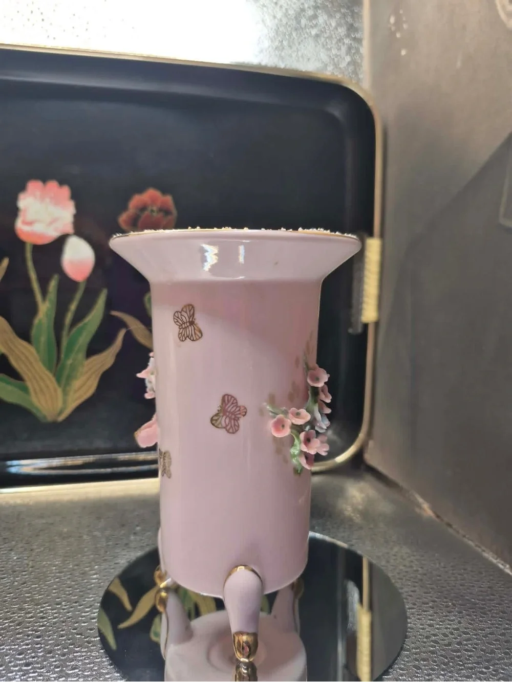 Vintage MCM Pink Lefton China Footed Bud Vase 24k Gold Sugared Rim & butterflies